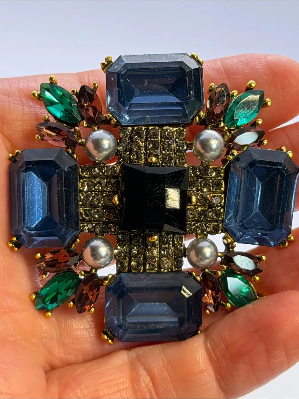 Statement Multi-Color Crystal Brooch  and pendant - Blue, Green & Black